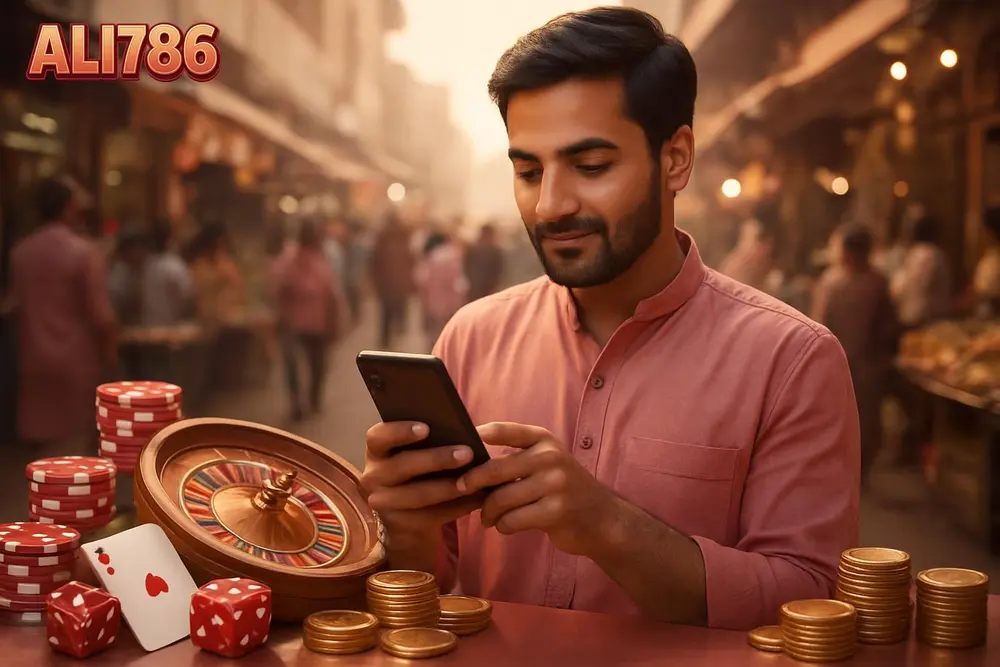 ALI786 app โ a young Pakistani man walking outdoors while checking a gaming app on his smartphone with a busy street ALI786 app โ a young Pakistani man walking outdoors while checking a gaming app on his smartphone with a busy street