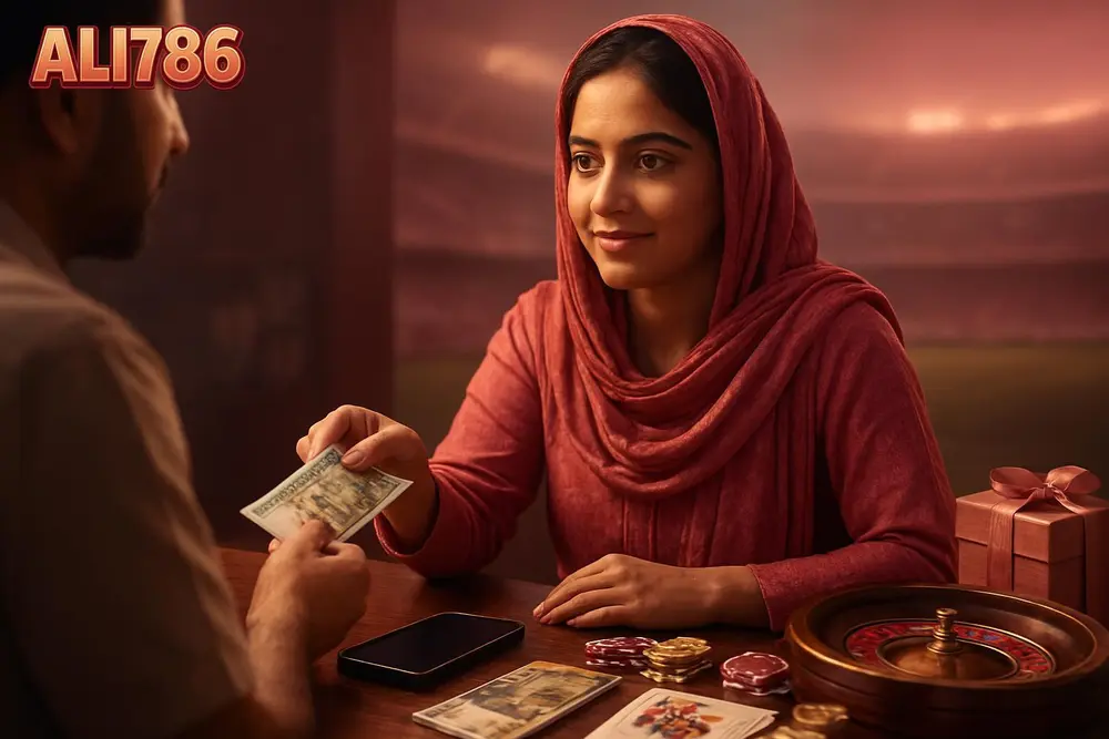 ALI786 deposit โ a Pakistani woman at a small shop counter handing cash to a vendor with a mobile phone showing a ALI786 deposit โ a Pakistani woman at a small shop counter handing cash to a vendor with a mobile phone showing a