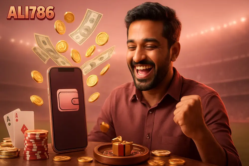 ALI786 deposit โ a happy Pakistani man celebrating as glowing gold coins and banknotes fan out around a mobile ALI786 deposit โ a happy Pakistani man celebrating as glowing gold coins and banknotes fan out around a mobile