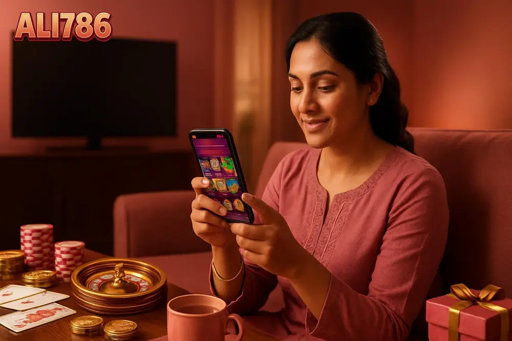 ALI786 Pakistan โ a Pakistani woman relaxing at home browsing a colorful gaming app on her smartphone with a cup of ALI786 Pakistan โ a Pakistani woman relaxing at home browsing a colorful gaming app on her smartphone with a cup of