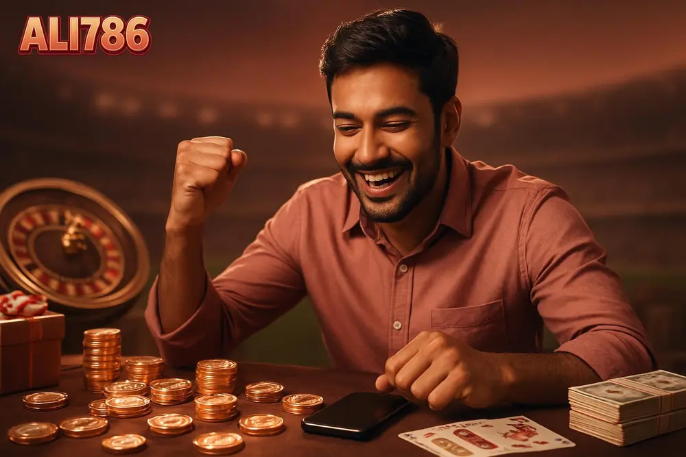 ALI786 Pakistan โ a young Pakistani man smiling while celebrating a win with glowing casino chips scattered on a ALI786 Pakistan โ a young Pakistani man smiling while celebrating a win with glowing casino chips scattered on a