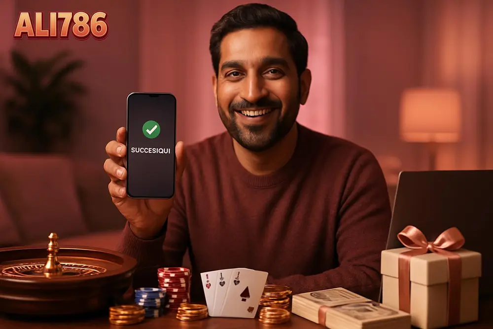 ALI786 register — a Pakistani man holding his phone showing a successful sign-up screen while smiling in a cozy
