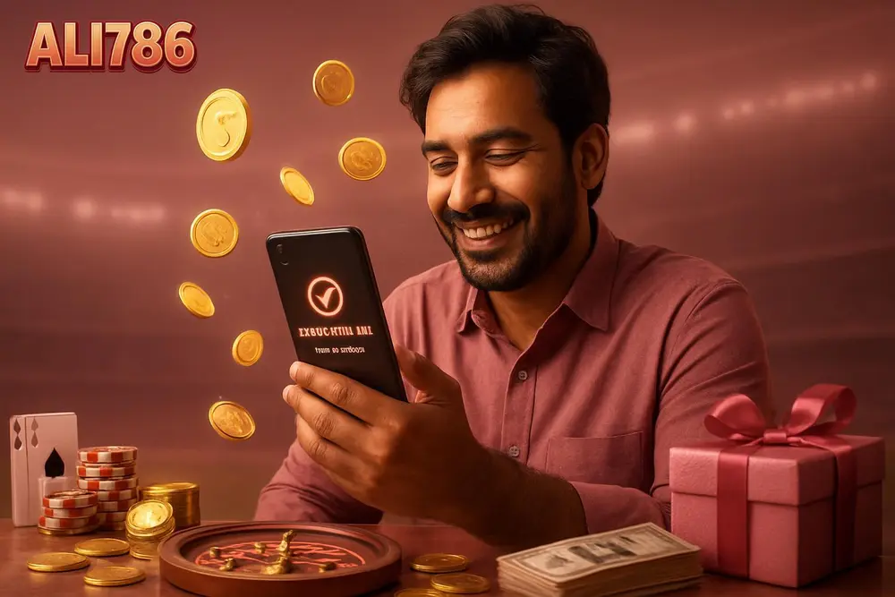 ALI786 withdraw โ a Pakistani man smiling while looking at his phone showing a completed withdrawal with glowing ALI786 withdraw โ a Pakistani man smiling while looking at his phone showing a completed withdrawal with glowing