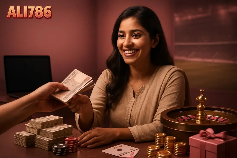 ALI786 withdraw โ a cheerful Pakistani woman receiving a cash payout at a counter with stacks of local currency ALI786 withdraw โ a cheerful Pakistani woman receiving a cash payout at a counter with stacks of local currency